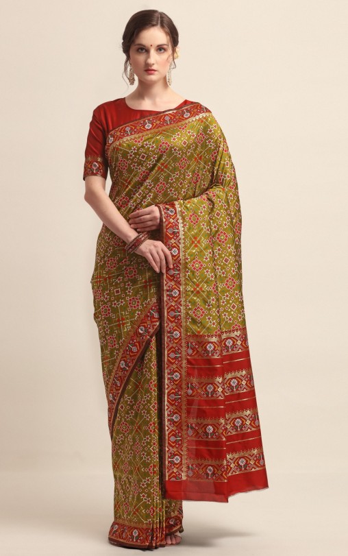 KAPAAHA Woven Navratan Patola Saree (Mehndi)